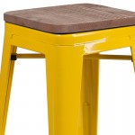 30" High Backless Yellow Metal Barstool with Square Wood Seat