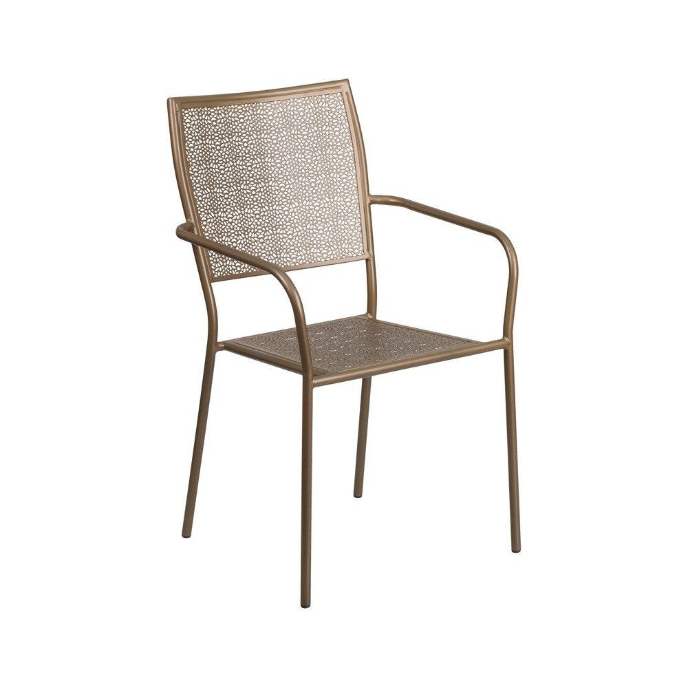 Commercial Grade Gold Indoor-Outdoor Steel Patio Arm Chair with Square Back Commercial Grade Gold Indoor-Outdoor Steel Patio Arm Chair with Square Back