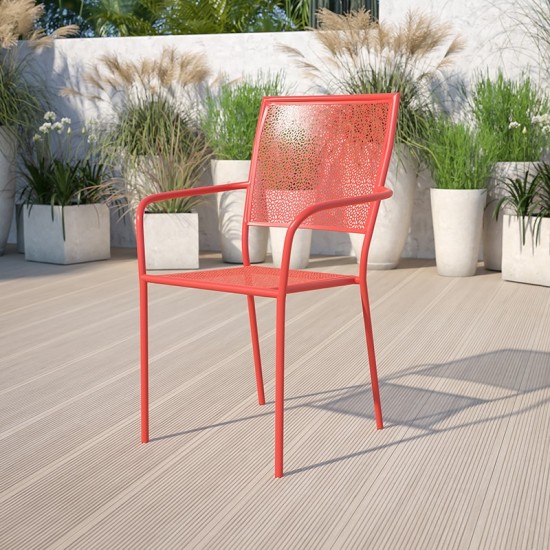 Commercial Grade Coral Indoor-Outdoor Steel Patio Arm Chair with Square Back