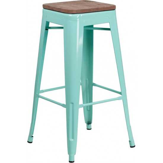 30" High Backless Mint Green Barstool with Square Wood Seat