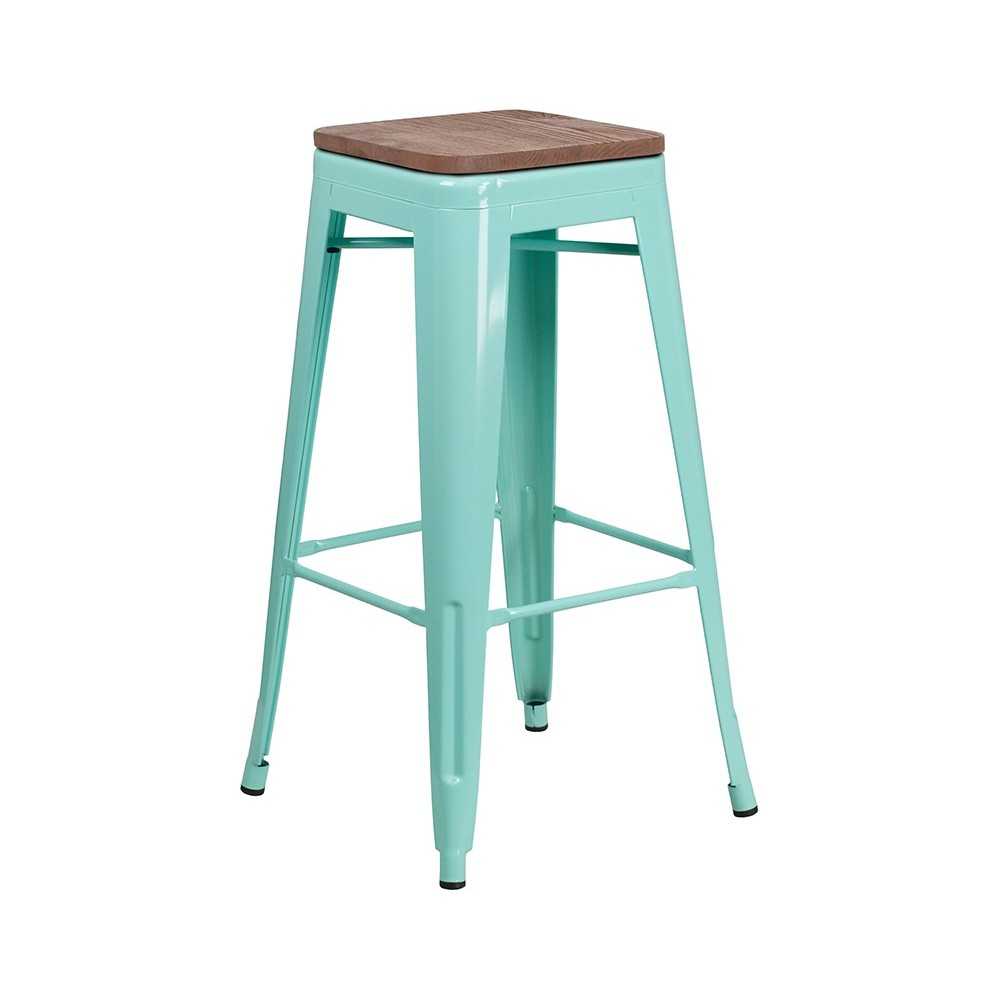 30" High Backless Mint Green Barstool with Square Wood Seat