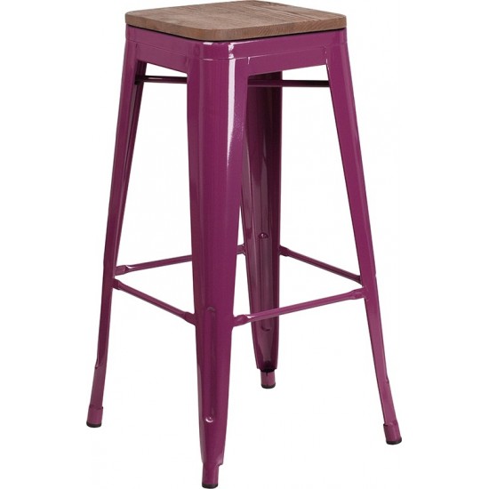 30" High Backless Purple Barstool with Square Wood Seat