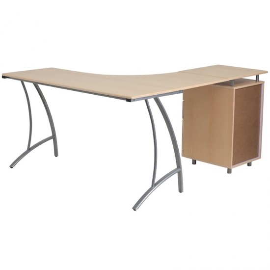 Beech Laminate L-Shape Desk with Three Drawer Pedestal