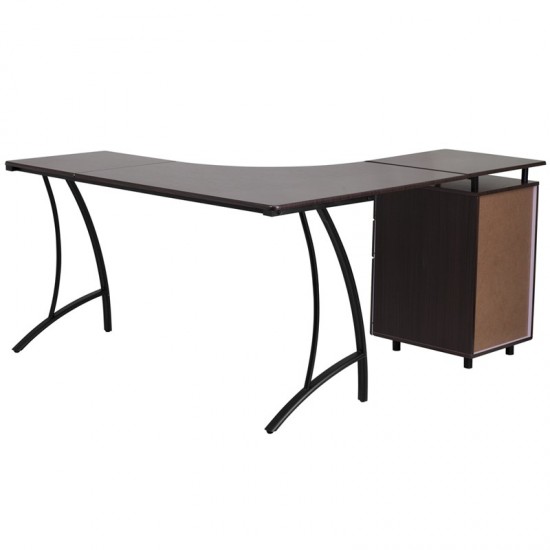Walnut Laminate L-Shape Desk with Three Drawer Pedestal