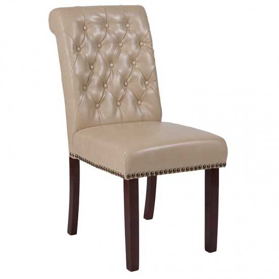 Beige LeatherSoft Parsons Chair with Rolled Back, Accent Nail Trim and Walnut Finish