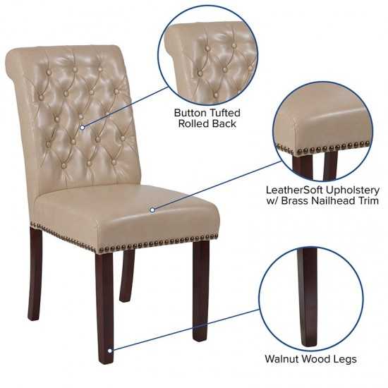 Beige LeatherSoft Parsons Chair with Rolled Back, Accent Nail Trim and Walnut Finish