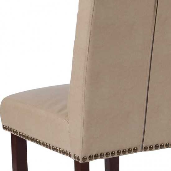 Beige LeatherSoft Parsons Chair with Rolled Back, Accent Nail Trim and Walnut Finish