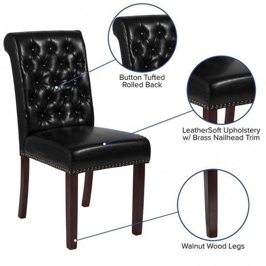 Black LeatherSoft Parsons Chair with Rolled Back, Accent Nail Trim and Walnut Finish