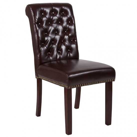 Brown LeatherSoft Parsons Chair with Rolled Back, Accent Nail Trim and Walnut Finish