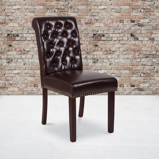 Brown LeatherSoft Parsons Chair with Rolled Back, Accent Nail Trim and Walnut Finish