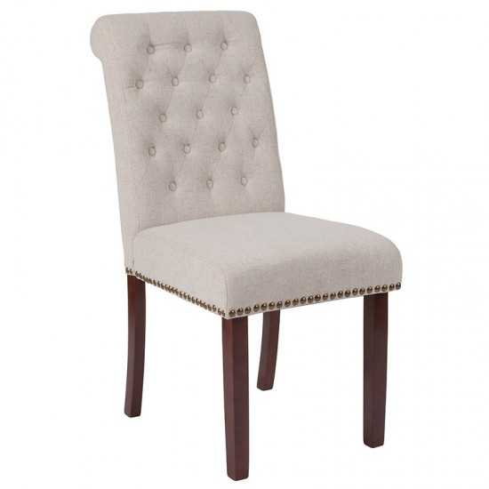 Beige Fabric Parsons Chair with Rolled Back, Accent Nail Trim and Walnut Finish