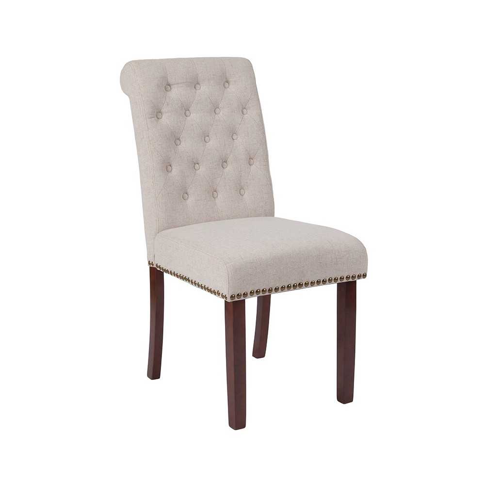 Beige Fabric Parsons Chair with Rolled Back, Accent Nail Trim and Walnut Finish