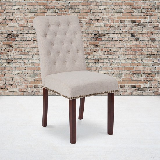 Beige Fabric Parsons Chair with Rolled Back, Accent Nail Trim and Walnut Finish