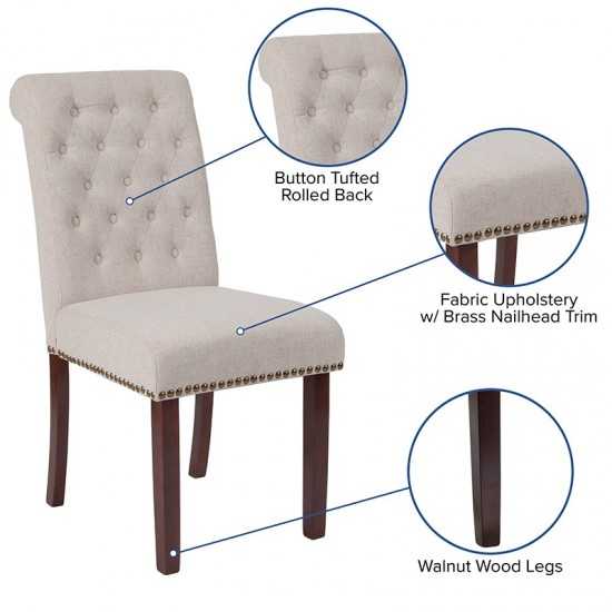 Beige Fabric Parsons Chair with Rolled Back, Accent Nail Trim and Walnut Finish