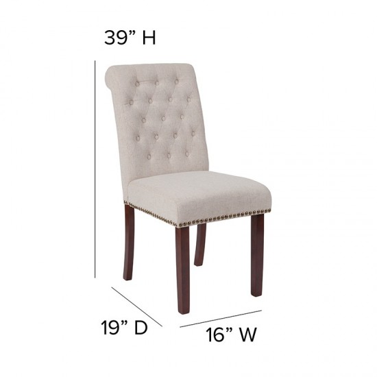 Beige Fabric Parsons Chair with Rolled Back, Accent Nail Trim and Walnut Finish