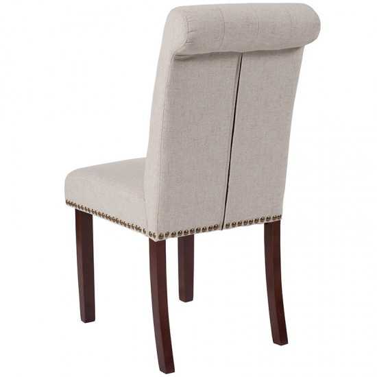 Beige Fabric Parsons Chair with Rolled Back, Accent Nail Trim and Walnut Finish