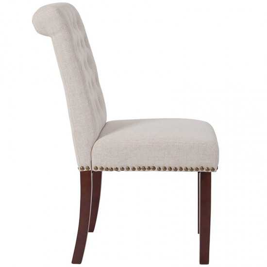 Beige Fabric Parsons Chair with Rolled Back, Accent Nail Trim and Walnut Finish