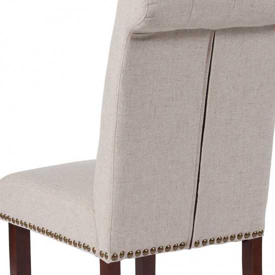 Beige Fabric Parsons Chair with Rolled Back, Accent Nail Trim and Walnut Finish