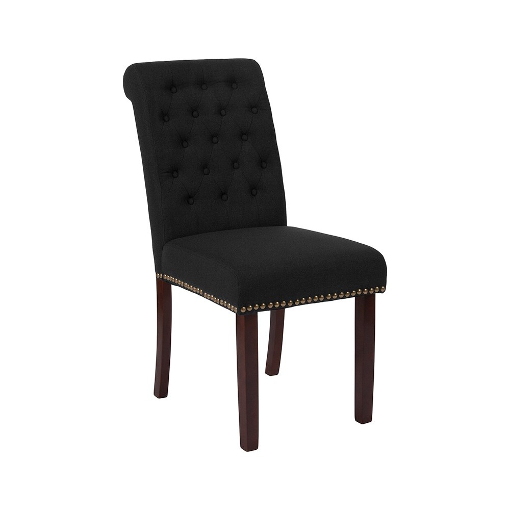 Black Fabric Parsons Chair with Rolled Back, Accent Nail Trim and Walnut Finish