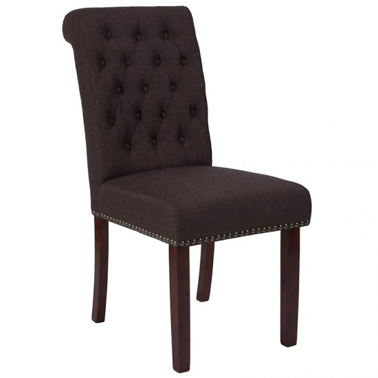 Brown Fabric Parsons Chair with Rolled Back, Accent Nail Trim and Walnut Finish