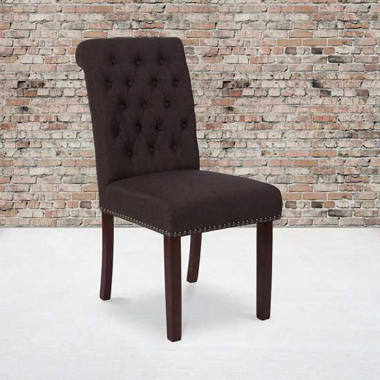 Brown Fabric Parsons Chair with Rolled Back, Accent Nail Trim and Walnut Finish