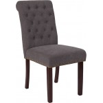 Dark Gray Fabric Parsons Chair with Rolled Back, Accent Nail Trim and Walnut Finish