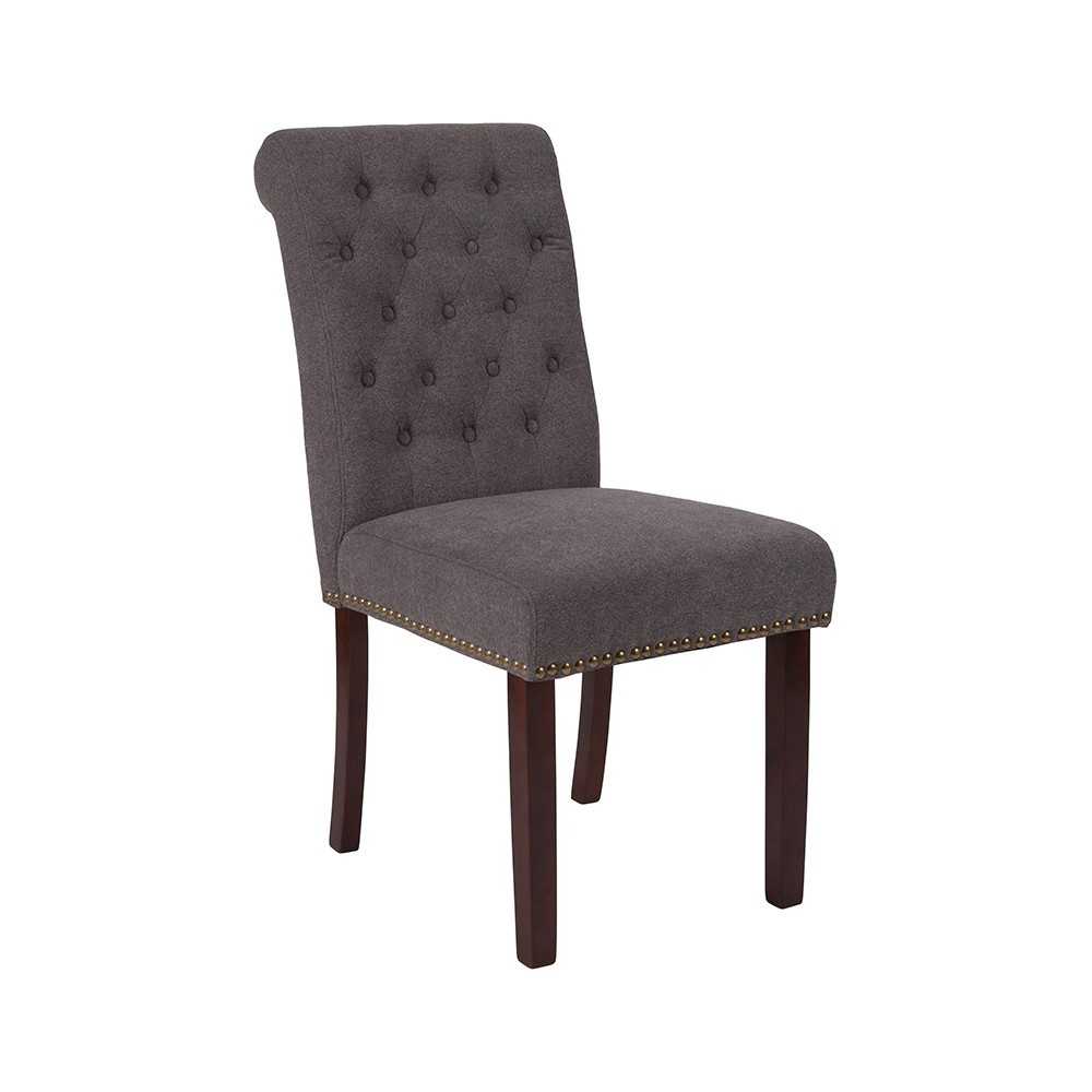 Dark Gray Fabric Parsons Chair with Rolled Back, Accent Nail Trim and Walnut Finish