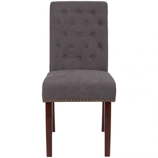 Dark Gray Fabric Parsons Chair with Rolled Back, Accent Nail Trim and Walnut Finish