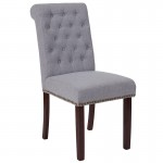 Light Gray Fabric Parsons Chair with Rolled Back, Accent Nail Trim and Walnut Finish