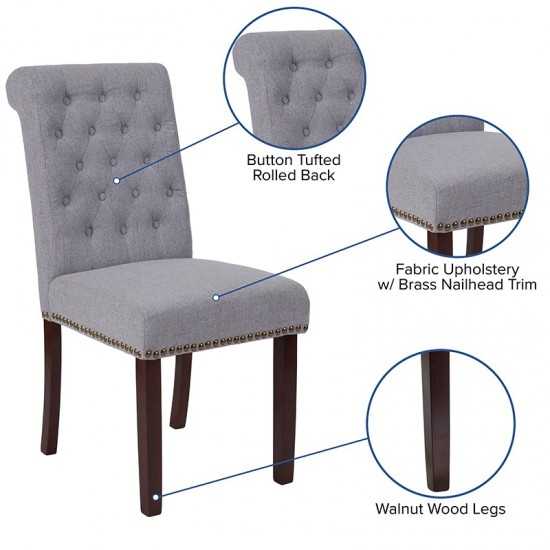 Light Gray Fabric Parsons Chair with Rolled Back, Accent Nail Trim and Walnut Finish