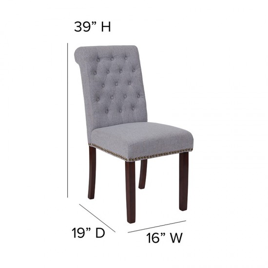 Light Gray Fabric Parsons Chair with Rolled Back, Accent Nail Trim and Walnut Finish