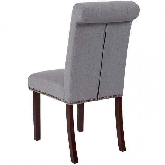 Light Gray Fabric Parsons Chair with Rolled Back, Accent Nail Trim and Walnut Finish