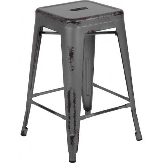 Commercial Grade 24" High Backless Distressed Silver Gray Metal Indoor-Outdoor Counter Height Stool