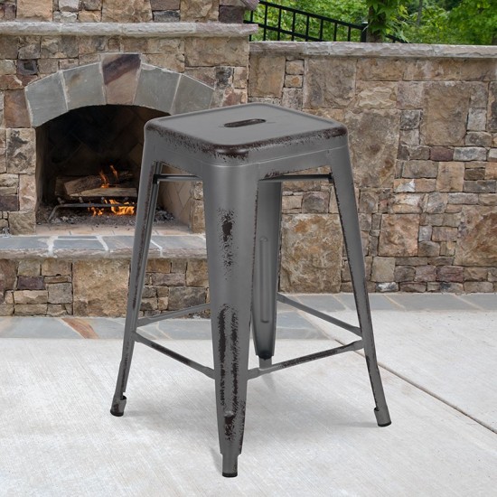 Commercial Grade 24" High Backless Distressed Silver Gray Metal Indoor-Outdoor Counter Height Stool
