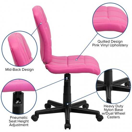 Mid-Back Pink Quilted Vinyl Swivel Task Office Chair