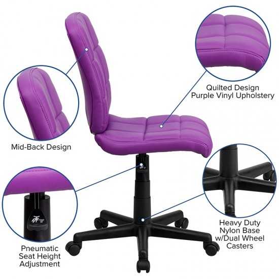 Mid-Back Purple Quilted Vinyl Swivel Task Office Chair