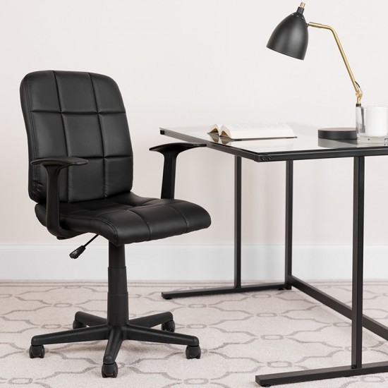 Mid-Back Black Quilted Vinyl Swivel Task Office Chair with Arms