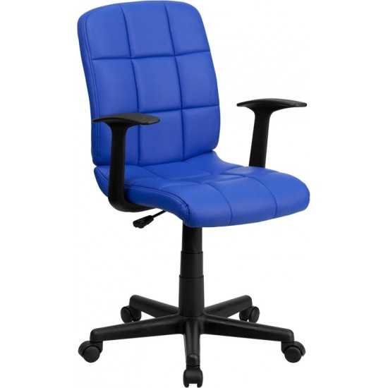 Mid-Back Blue Quilted Vinyl Swivel Task Office Chair with Arms