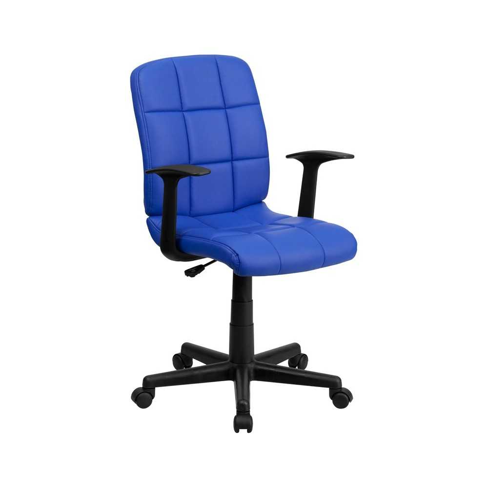 Mid-Back Blue Quilted Vinyl Swivel Task Office Chair with Arms