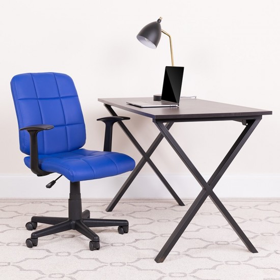 Mid-Back Blue Quilted Vinyl Swivel Task Office Chair with Arms