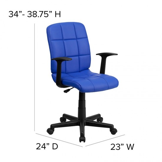 Mid-Back Blue Quilted Vinyl Swivel Task Office Chair with Arms