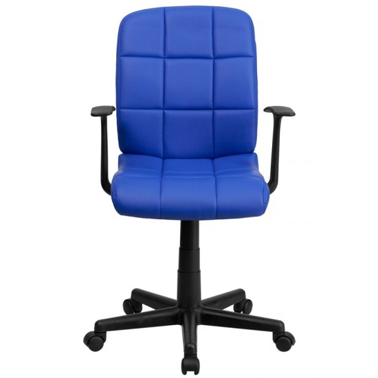 Mid-Back Blue Quilted Vinyl Swivel Task Office Chair with Arms