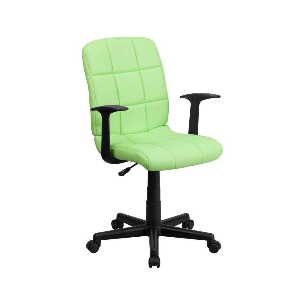 Mid-Back Green Quilted Vinyl Swivel Task Office Chair with Arms