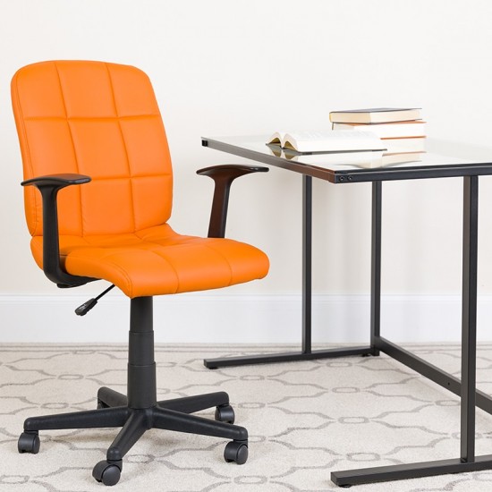 Mid-Back Orange Quilted Vinyl Swivel Task Office Chair with Arms