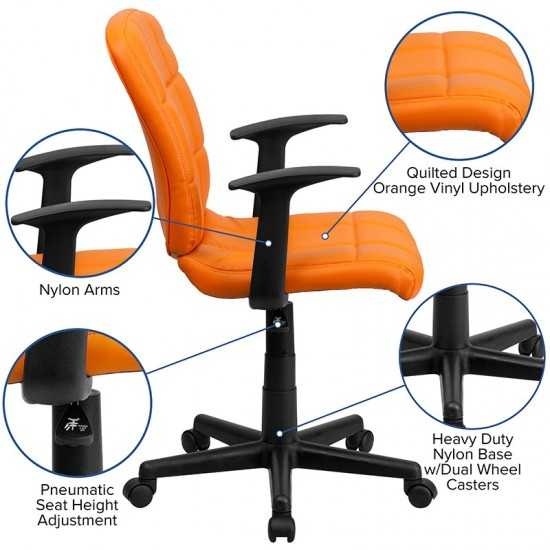 Mid-Back Orange Quilted Vinyl Swivel Task Office Chair with Arms