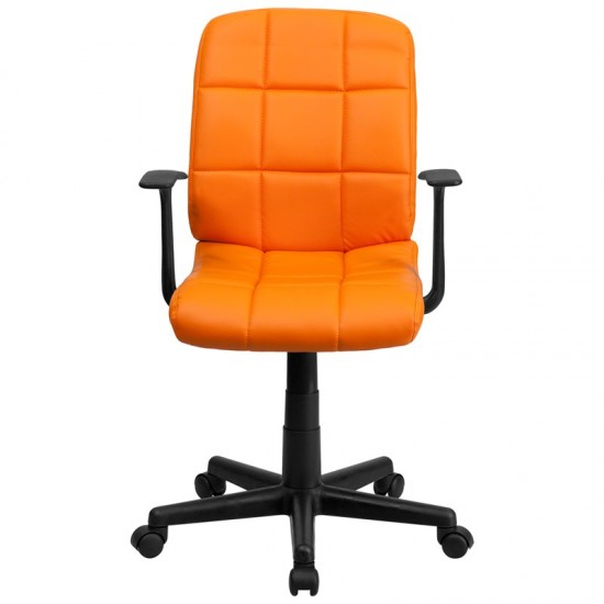 Mid-Back Orange Quilted Vinyl Swivel Task Office Chair with Arms