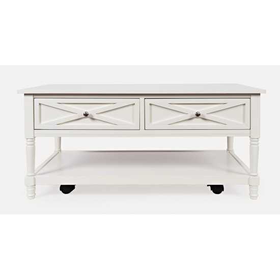 Farmhouse White Coffee Table with Casters