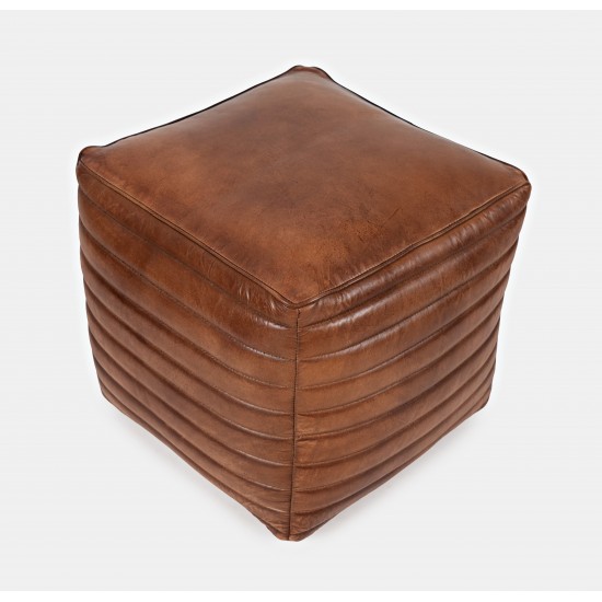 Genuine Leather Square Pouf - Saddle