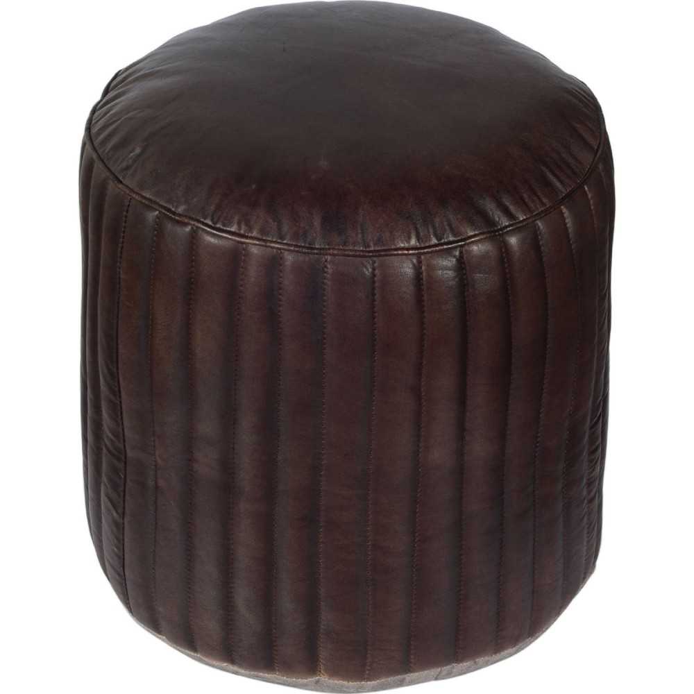 Genuine Leather Round Pouf - Dark Sienna