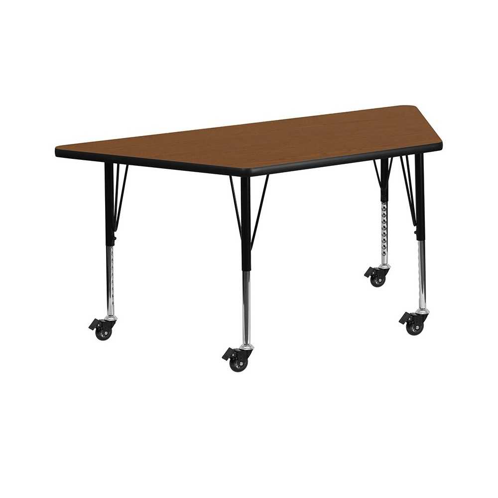 Mobile 22.5''W x 45''L Trapezoid Oak HP Laminate Activity Table - Height Adjustable Short Legs